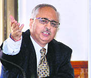 B.B. Pandit, director-general of defence audit, articulates a point at the annual command officers conference in Shimla on Monday.