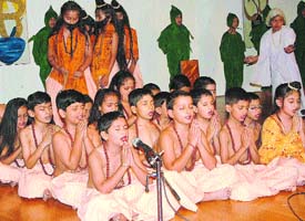Students recite a bhajan during the annual day function of Innocent Hearts School in Jalandhar.