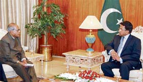 Pakistani President Pervez Musharraf during talks with External Affairs Minister Pranab Mukherjee at a meeting in Islamabad