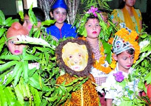 Students of St Soldier Divine Public School participate in a fancy dress competition at Mithu Basti in Jalandhar on Thursday.