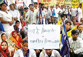 Activists of the BSP at a rally outside the MCC office in Chandigarh