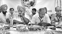 (Right to left) G.L. Jogi, general secretary, S.I. Reddy, president, Inderjit Singh, vice-president, and Amarjit Singh, circle secretary, Punjab, of Sanchar Nigam Executive Association at a CWC meeting in Chandigarh on Thursday.