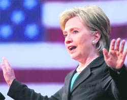US Senator Hillary Rodham Clinton speaks to supporters at the National Building Museum in Washington DC on Saturday.