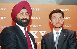 CEO of Ranbaxy Malvinder Mohan Singh with CEO of Daiichu SankyoTakashi Shoda in New Delhi, on Wednesday.