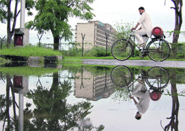 A man carrying LPG cylinder during rain near the Punjab and Haryana Secretariat in Chandigarh on Sunday.