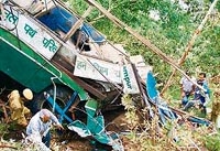 The wreckage of the bus that rolled down a gorge near Bhadrash Kainchi in Rampur in Himachal Pradesh on Sunday.