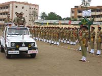Commandant Ishwar Singh Duhan inspects the ITBP parade at the first Raising Day of the 37 Battalion in Panchkula on Monday.
