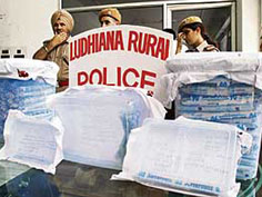 The Jagraon police with explosives and detonators on Tuesday.