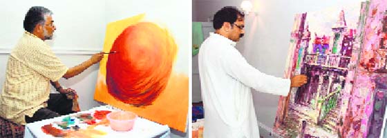Surjeet Singh, a renowned artist from Shimla and Tejinder Kanda from Delhi, during the five-day national painting workshop held in Shimla