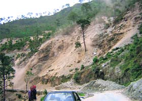 Traffic often comes to a standstill on the Lahar-Sangrehan road due to the falling debris and rock boulders