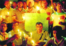 ABVP supporters protest against Bangalore and Ahemdabad serial bomb blasts in Chandigarh