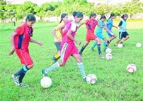 Women soccer players during a practice session at Trinity College in Jalandhar