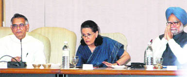Union minister for home Shivraj Patil, AICC president and UPA chairperson Sonia Gandhi and Prime Minister Manmohan Singh during the all-party meeting on the Amarnath land issue in New Delhi on Wednesday.