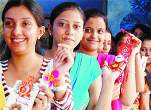 Participants during a rakhi-making contest held at Sarup Rani Government College in Amritsar.