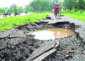 A damaged portion of cycle track after heavy rains at Kajheri village, Sector 52, Chandigarh