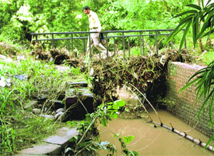 A view of a bridge at Leisure Valley, Sector 10, Chandigarh, with garbage blocking the flow of water.