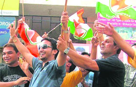 Congress youth celebrate the triumph of Sushil Kumar, who won bronze medal at Beijing Olympics at Ambala on Wednesday.
