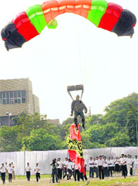 An air devil from the directorate of adventures of the Air Force lands at the Parade Ground in Panchkula during the Akshay Urja Divas celebrations on Wednesday.