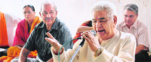 K.G. Goswami addresses a rally held by the Amarnath Sangharsh Samiti at Parshuram Bhawan, Sector 37, in Chandigarh on Wednesday.