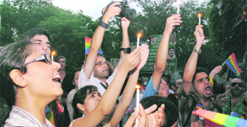 Section of a recent rally for gay rights in New Delhi. Over 2000 persons turned up at Gay Pride parades held for the first time in Bangalore, Kolkata and Puducherry