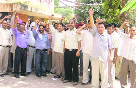PSEB employees hold a rally in support of their demands in Ludhiana on Thursday.