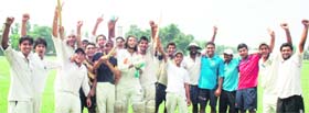The jubilant players of Ludhiana who beat Amritsar in the semifinal for Katoch Shield on PAU ground, Ludhiana