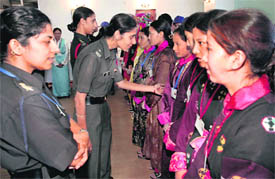 Girl students from Batalik and Ladakh interact with women Army officers during their visit to Chandi Mandir on Wednesday.