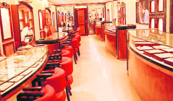 A jewellery showroom in Chandigarh wears a deserted look on Thursday as the yellow metal prices shot up.