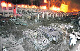 A view of the destruction caused by a blast at Marriott Hotel in Islamabad on Saturday