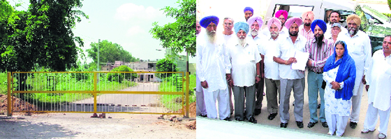 Rajguru Nagar colony residents install a gate; and (right) villagers on their way to submit a memorandum to the deputy commissioner against barricading of the main road in Ludhiana on Monday.