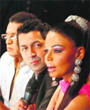 Rakhi Sawant along with Kunal Kohli and Anu Kapoor at a reality show in Ludhiana