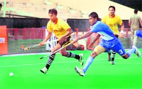 A match in progress during the All-India Gurmit Memorial Hockey Tournament at Hockey Stadium, Sector 42, in Chandigarh