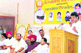 Manish Tiwari, AICC secretary, addresses a function organised to celebrate the birth anniversary of Pandit Shardha Ram Phillauri in Ludhiana on Tuesday.