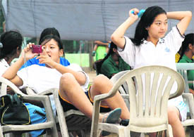 Players relax during IPSC U-19 Basketball tournament at YPS, Mohali, on Wednesdy.