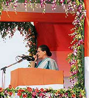 UPA chairperson Sonia Gandhi addresses the "Samajik Kranti" rally in Panipat on Thursday.