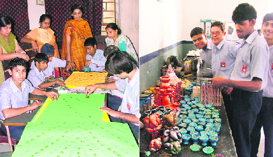 Students of Nirdosh prepare gift-wrapping sheets; and (right) candles for Diwali.