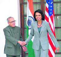 US secretary of state Condoleezza Rice with minister of external affairs Pranab Mukherjee before the meeting at Hyderabad House in New Delhi on Saturday.