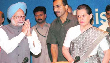 Prime Minister Manmohan Singh greets UPA chairperson Sonia Gandhi at the National Integration Council meeting in New Delhi