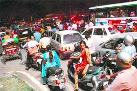 Motorists stranded at Piccadilly Chowk following a traffic jam in Chandigarh on Tuesday evening