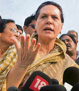 UPA chairperson Sonia Gandhi addresses the media at Lalganj railway station in Rae Bareli on Tuesday.
