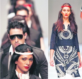 Models present creations from Indian designer Rathore Jodhpur’s Spring/Summer 2009 collection on Tuesday at Delhi Fashion Week in New Delhi.