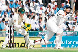 Sourav Ganguly on way to his century on the second day of the second Test between India and Australia in Mohali on Saturday.