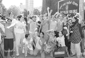 Government College for Girls’ hostel inhabitants hold a dharna against college principal Indra Baggar for water shortage in the hostel in front of the main gate of the college in Patiala