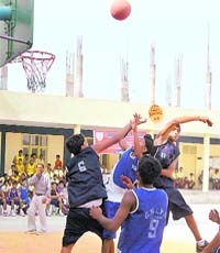 A match in the boys’ section in progress on the opening day of Ludhiana Sahodaya Schools Complex Basketball Tournament