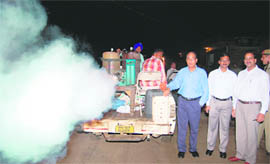 Deputy commissioner J.S. Ahlawat, additional deputy commissioner C.G. Rajnikanthan and SDM J.K. Abhir inaugurate fogging operations in Fatehabad.