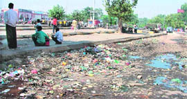 A parking bay in the compound of the railway station, Ludhiana, littered with garbage and stagnat water on Tuesday.