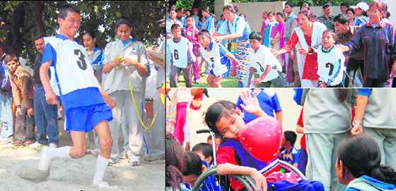 (Clockwise from left): A differently-abled boy participates in a race at the Welham Boys’ School; Children run a race at the Welham Girls’ School; A little girl plays with a balloon.