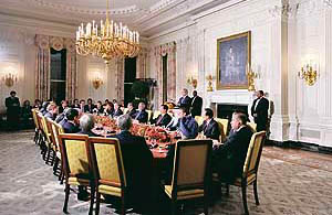 US President George W. Bush addresses G-20 leaders during an official White House dinner ahead of the summit on financial markets in Washington DC on Friday.