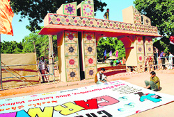 Workers giving final touches to the theme-based carnival at Leisure Valley, Sector 10, Chandigarh, on Friday.