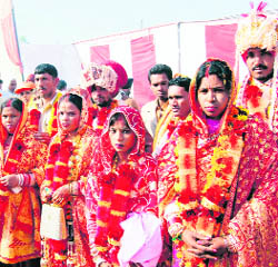 Couples whose marriages were solemnised at the Vedic Virat Sammelan in Amritsar on Sunday.